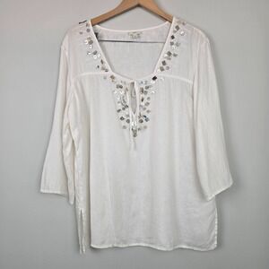 J. Jill Womens White Linen Sequin Beaded‎ Tunic Top L Boho Resort Coastal Summer